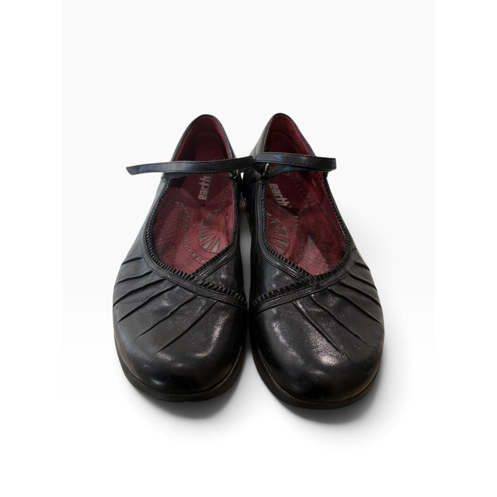 Earth Black Leather Mary Jane Comfort Ballet Flats Pleated Shoes